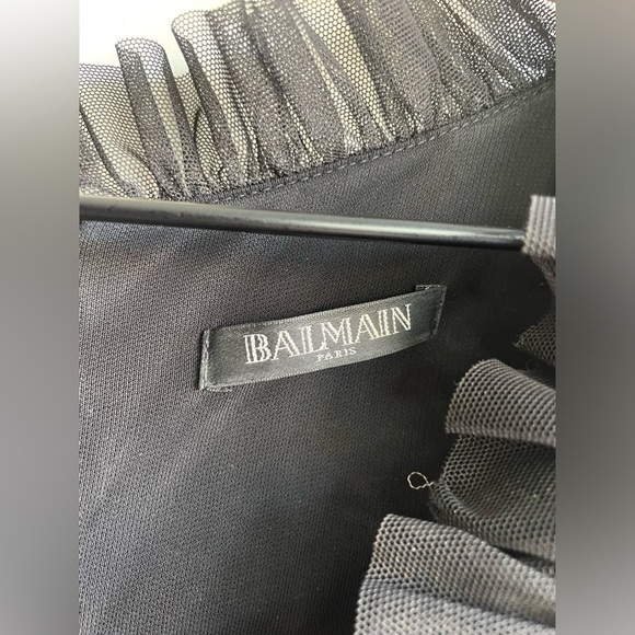 NWOT Balmain|| Viscose With Ruffled Tulle Trims V-Neck Long Sleeves Mini Dress - Picture 3 of 10